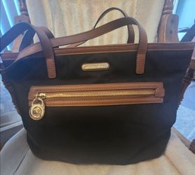 Michael Kors Kempton tote bag black nylon with brown leather trim