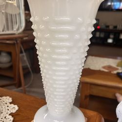 Vintage White Milk Glass Hobnail Large Vase Tall Footed 9.5" Tall