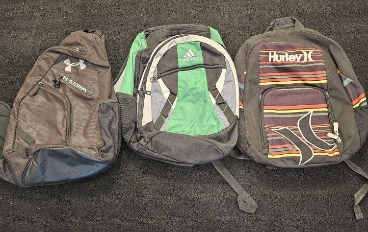 3 Backpacks- Under Armour (Sling), Adidas And Hurley
