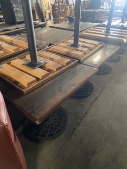 Wood Top Restaurant Tables with Ornate Cast Iron Bases – $150