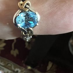 Blue Topaz Small Diamonds 925 Size 6 Ring