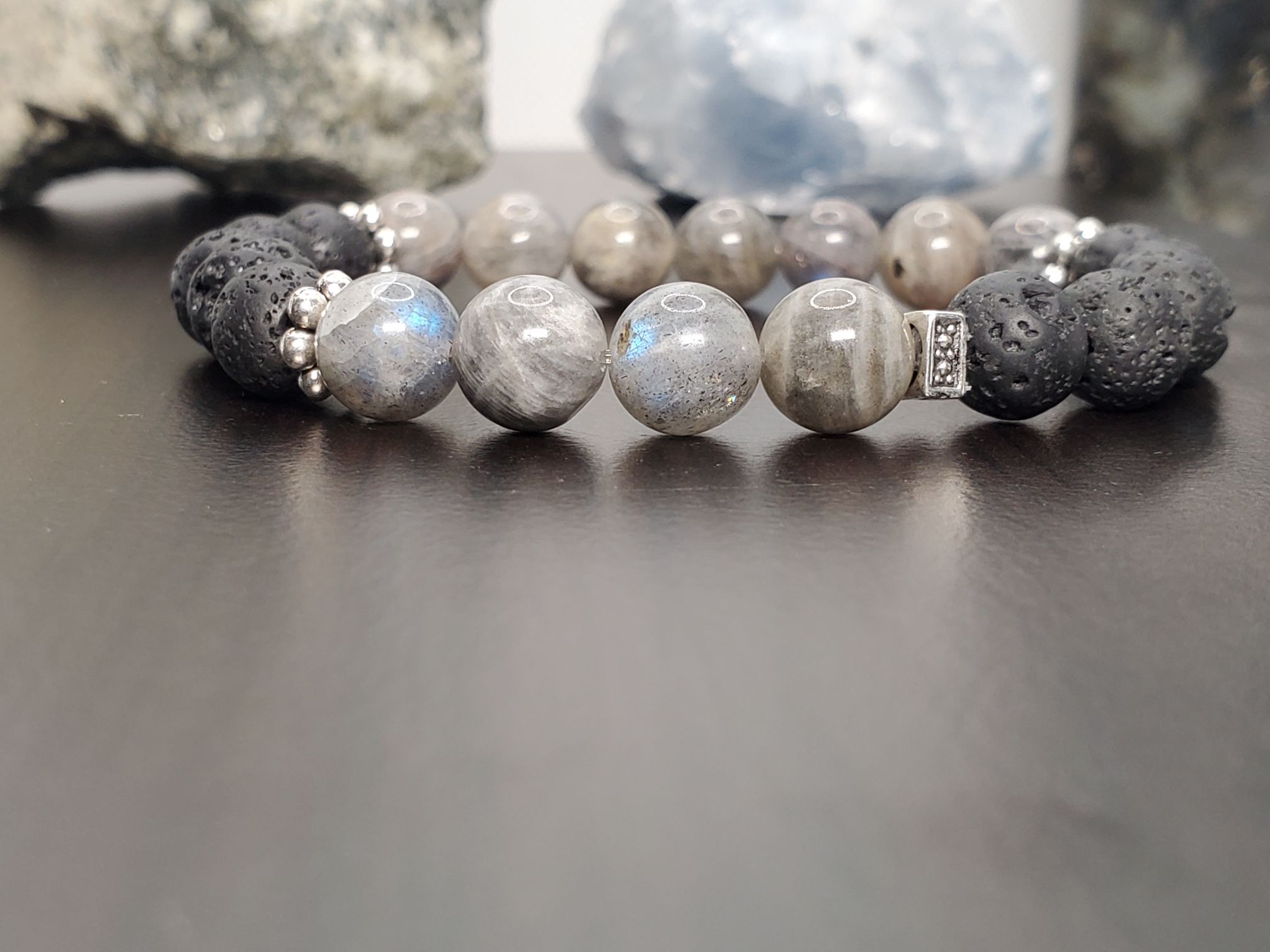 Labradorite Black Lava Stone Bracelet Crystal Healing Natural Gemstone Blue Flash Protection Healing Aromatherapy