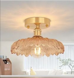 Flush Mount Vintage Lights Fixture with Amber Flower Glass