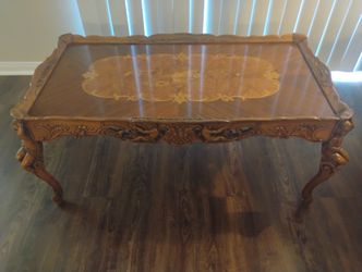 1930's Vintage French Walnut & Satinwood Coffee Table W/ Hand Carved Cherubs