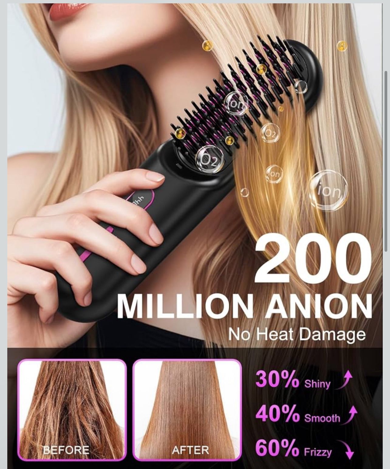 Cordless Hair Straightener Brush with 200 Million Anion, Portable Comb for Travel with LCD Display, 2 Clips - Black