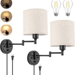 Set of Two Wall Sconces Dimmabl,  Plug in , Swing Arm Wall Lamp with Plug in Cord, Linen Fabric Shade. 2 LED bulbs.