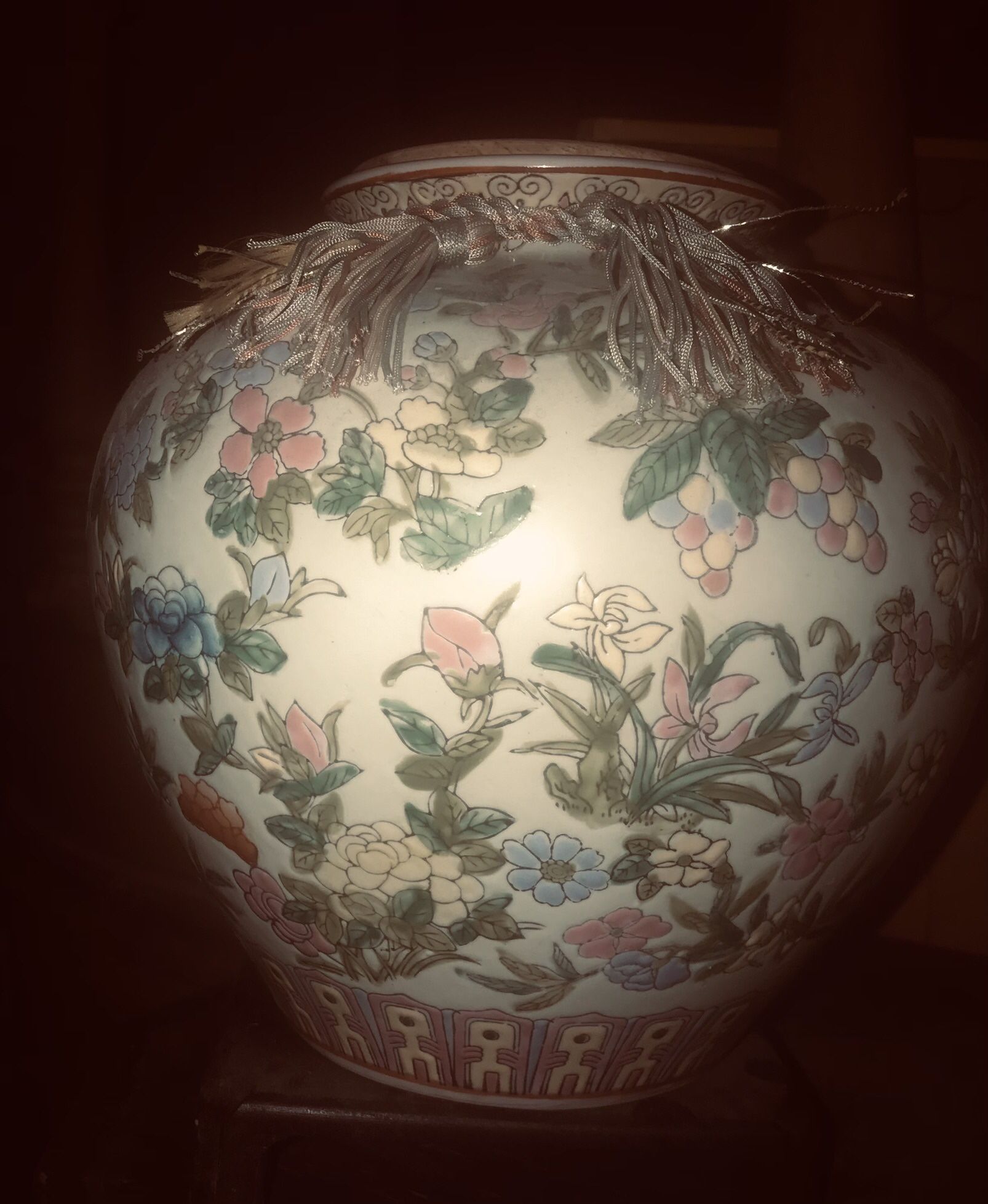 Vintage Asian Floral Vase. Approximately 10”in height, about 10” width and opening about 4 1/2”. Perfect Condition