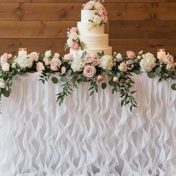 Tutu Tulle Willow Table Skirt and 4 Tablecloth for Birthday Party Unicorn Wedding Bridal Mermaid Baby Shower Princess with Double Layer Curly Organza 