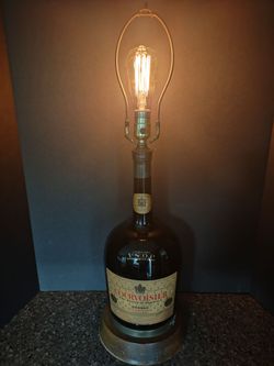 Vintage Courvoisier Cognac Champagne Bottle Table Lamp Brass & Wood Base 28” H