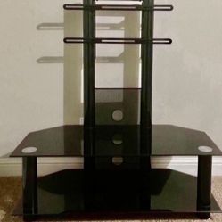 Sleek Black Glass TV stand with Multiple Shelves 💵 Elegante Soporte de TV de Vidrio Negro con Múltiples Estantes. 