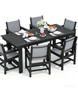 SERWALL 7 Piece Patio Dining Sets, Outdoor HDPE Dining Furniture Set with Umbrella Hole Cut-Out Table and 4 Woven Chairs, Gray brand new in box $579 C