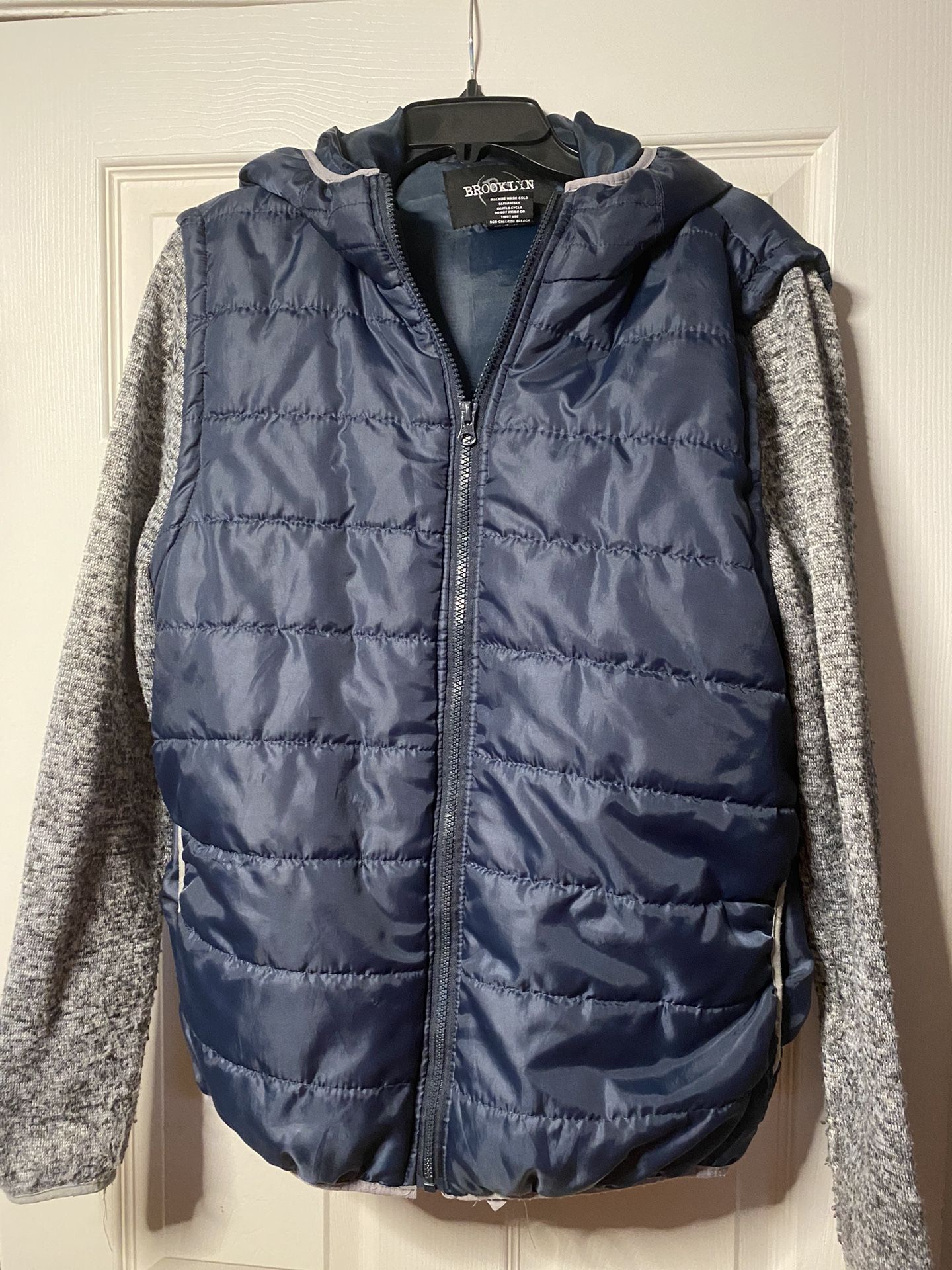 Blue Puff Vest Hooded Jacket With Grey Knit Sleeves