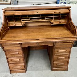 Antique Oak Roll Top Desk Hidden Drawers