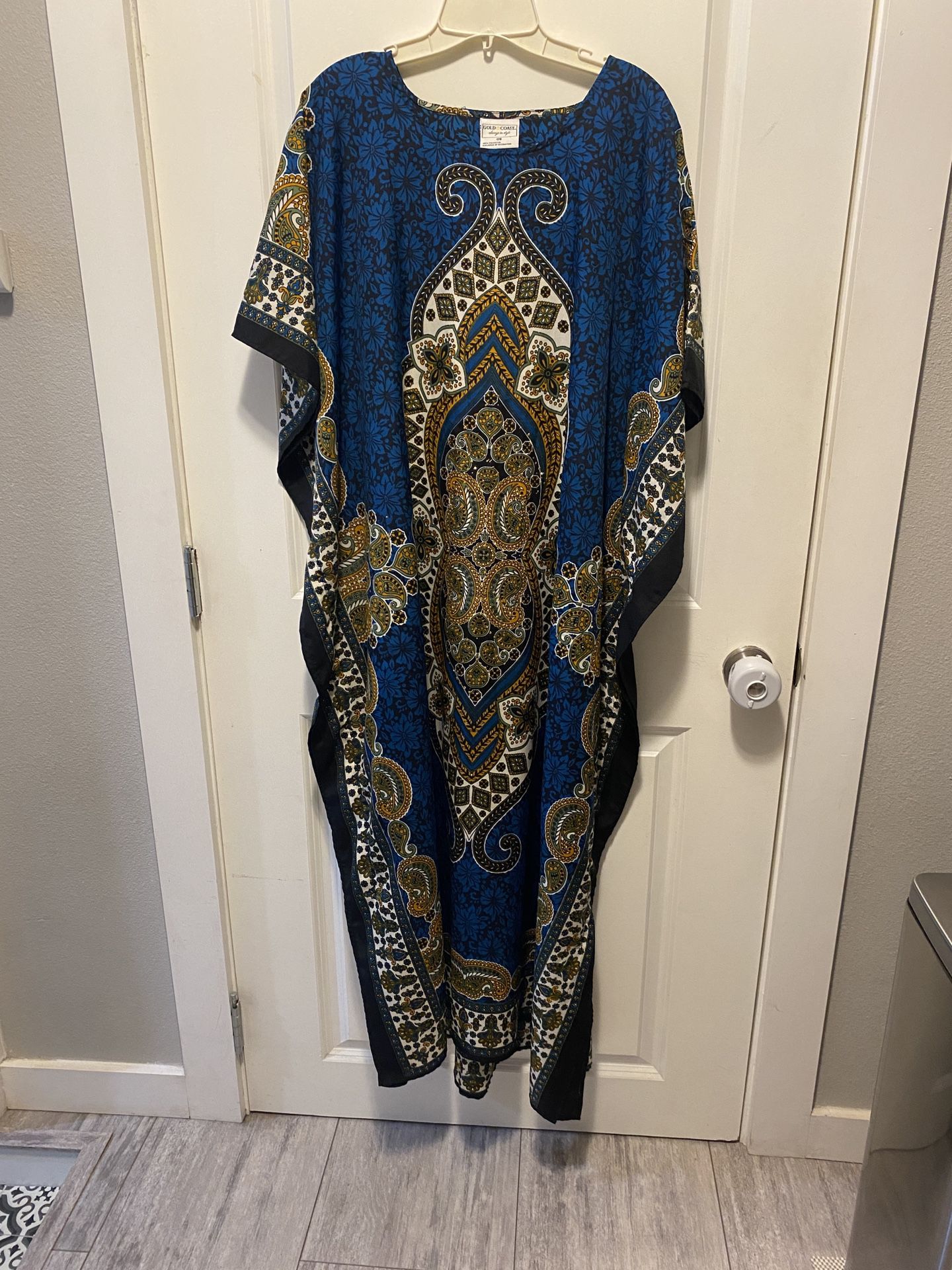 Gold Coast Caftan Muumuu Blue & Black Floral Paisley Print  Dress One Size
