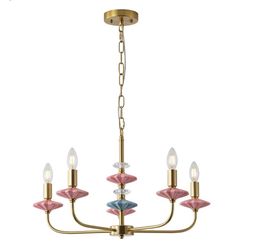 Breomo Pink Chandeliers For Dining Room Light Fixture Over Table,5-Light Art Deco Chandelier, Modern Retro