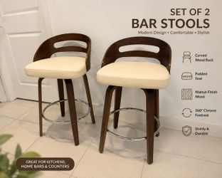 Mid Century Modern Bar Stools, Swivel Bar Stools with Walnut Craftsmanship Natural Bentwood Frame, Easy-Grip Handle,Low Back, Upholstered Faux Leather