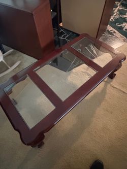 Dark Wood Rectangular Coffee Table with Three Glass Panels