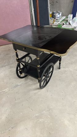 Vintage Drop-Leaf Rolling Bar / Serving Cart – Black & Gold