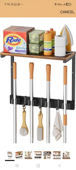 Wall-Mounted Mop and Broom Holder with Shelf