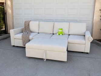 Cream Sectional Sofa with Pull-Out Storage Chaise