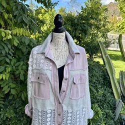 Pink and Cream Block Lace Button Up Shirt By Porter Collective-Large-Elegant