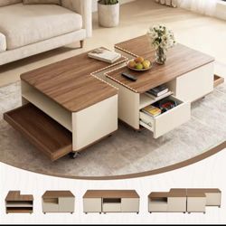 Farmhouse Coffee Tables for Living Room, Unique Coffee Table with Wheels & Storage, Wood Large Convertible Center Table