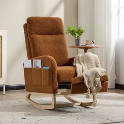 [Free shipping] Modern rocking chair, solid wood leg design, living room leisure armchair with high backrest (Brown, teddy)