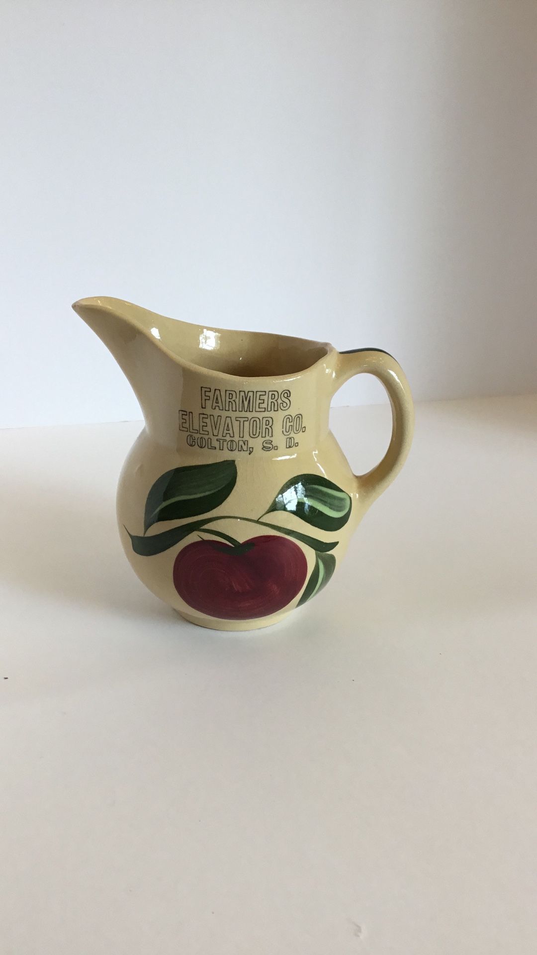 Watt Pottery Pitcher Vintage Watt Advertising Pitcher Apple Pattern farmers Elevator Co, Colton, SD