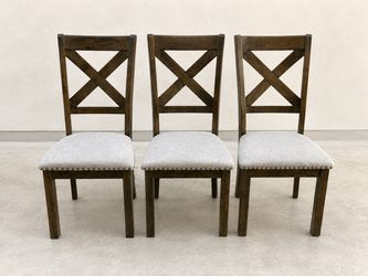 Set of 3 Dark Wood X-Back Dining Chairs – Upholstered Seats – $75