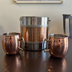 Ice Bucket, Copper Mug Set