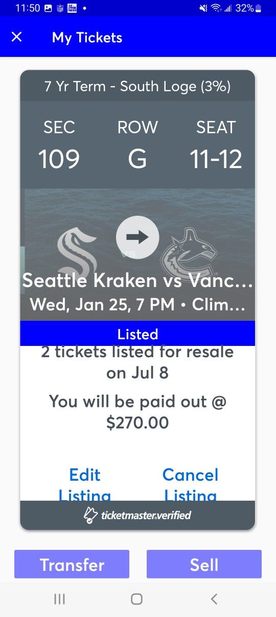 Seattle KRAKEN 2 Tickets Section 109 Row G Devils, Stars, Ducks, Etc s