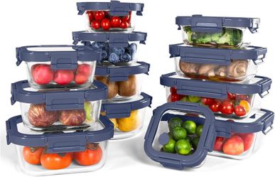 12-Pack Glass Food Containers with Tempered Lids Blue