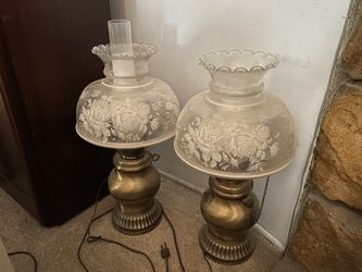 vintage hurricane lamps with frosted flowers