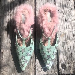 LILICIOUS MINT/PINK color ponity toes faux fur kitten shoes/size5,5.5