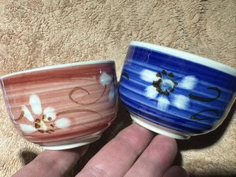 Japanese vintage ceramic tea bowls or small pots with brushed floral patterns a pair