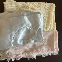 Baby Blankets. 2 Light Weight Knit, 1 Satin And 1 Wool