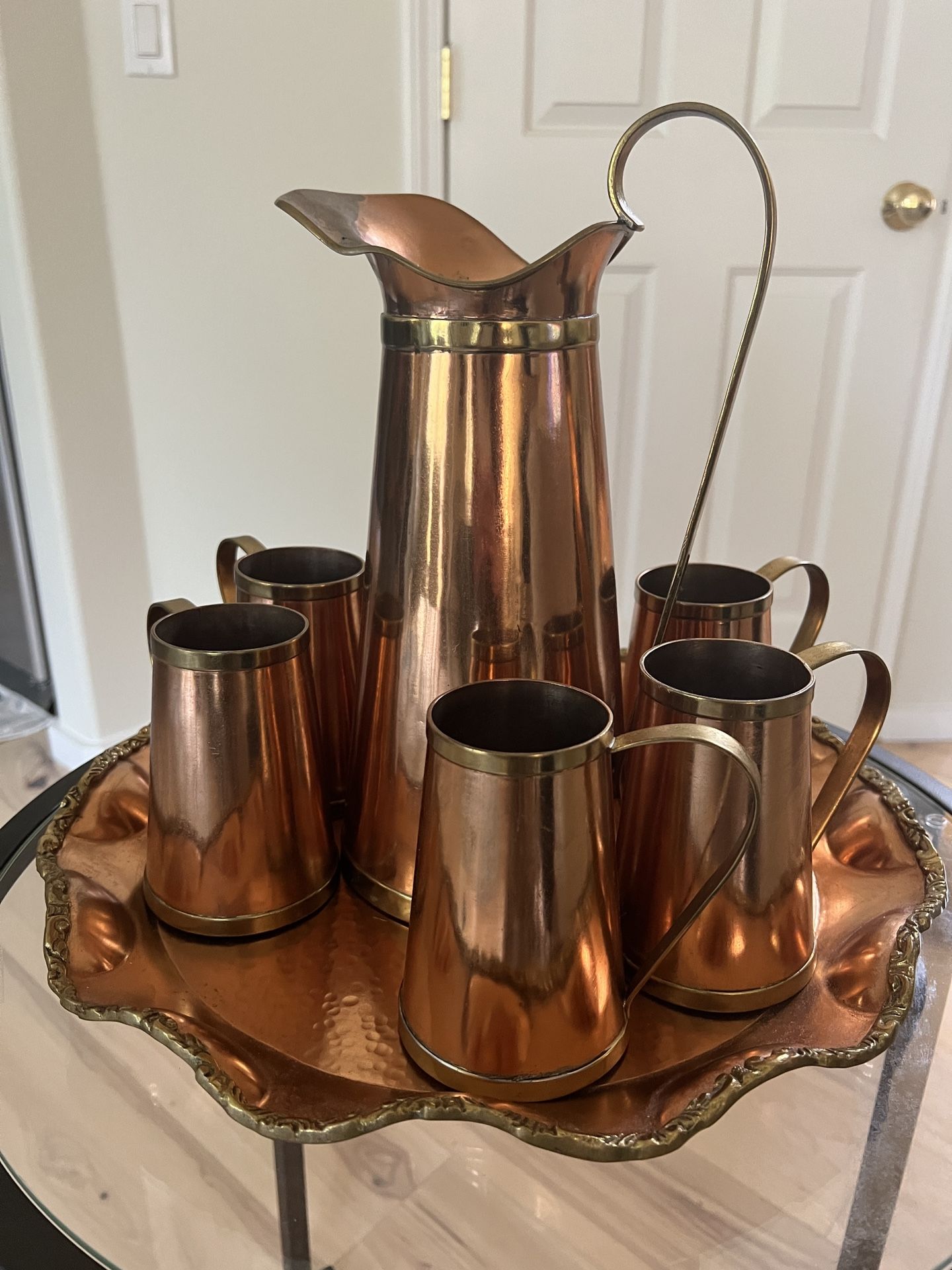 Vintage Copper Mugs With Jug And Tray