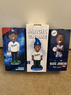 Set of three New Magic Johnson LA Dodgers Bobblehead & Gnome Set