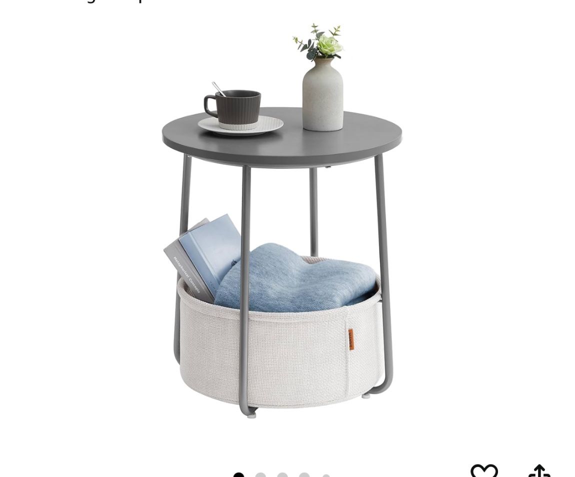 VASAGLE End Table, Small Bedside Table with Fabric Basket, Modern Nightstand, Round Side Table, for Living Room, Bedroom, Cement Gray and Cream White