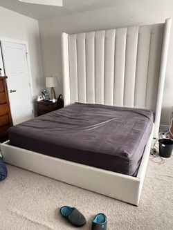 Upholstered King Bed Frame – Channel-Tufted Headboard – Like New