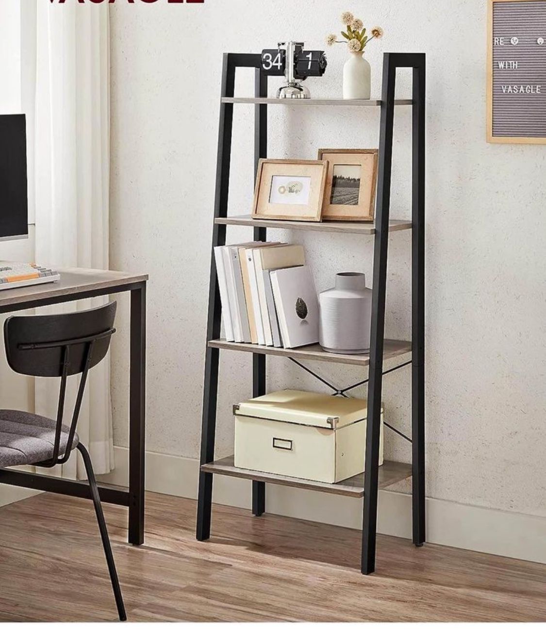 Ladder Shelf, 4-Tier Bookshelf, Storage Rack, Bookcase with Steel Frame, for Living Room, Home Office, Kitchen, Bedroom, Industrial