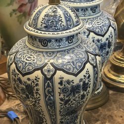 Pair Of Delft Boch Holland Lidded Urns royal Sphinx Blue And White 