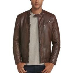 Pronto Uomo Modern Fit Faux Leather Motorcycle Brown Jacket  Large