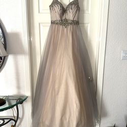Terani Couture Nude/Blush Tulle Gown with Rhinestone Bodice