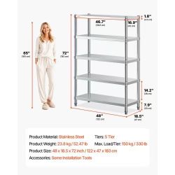 288] VEVOR Stainless Steel Shelves 48x18.5 Inch 5 Tier Adjustable Shelf Storage Unit Stainless Steel Rack Shelving Heavy Duty Shelving for Kitchen Com