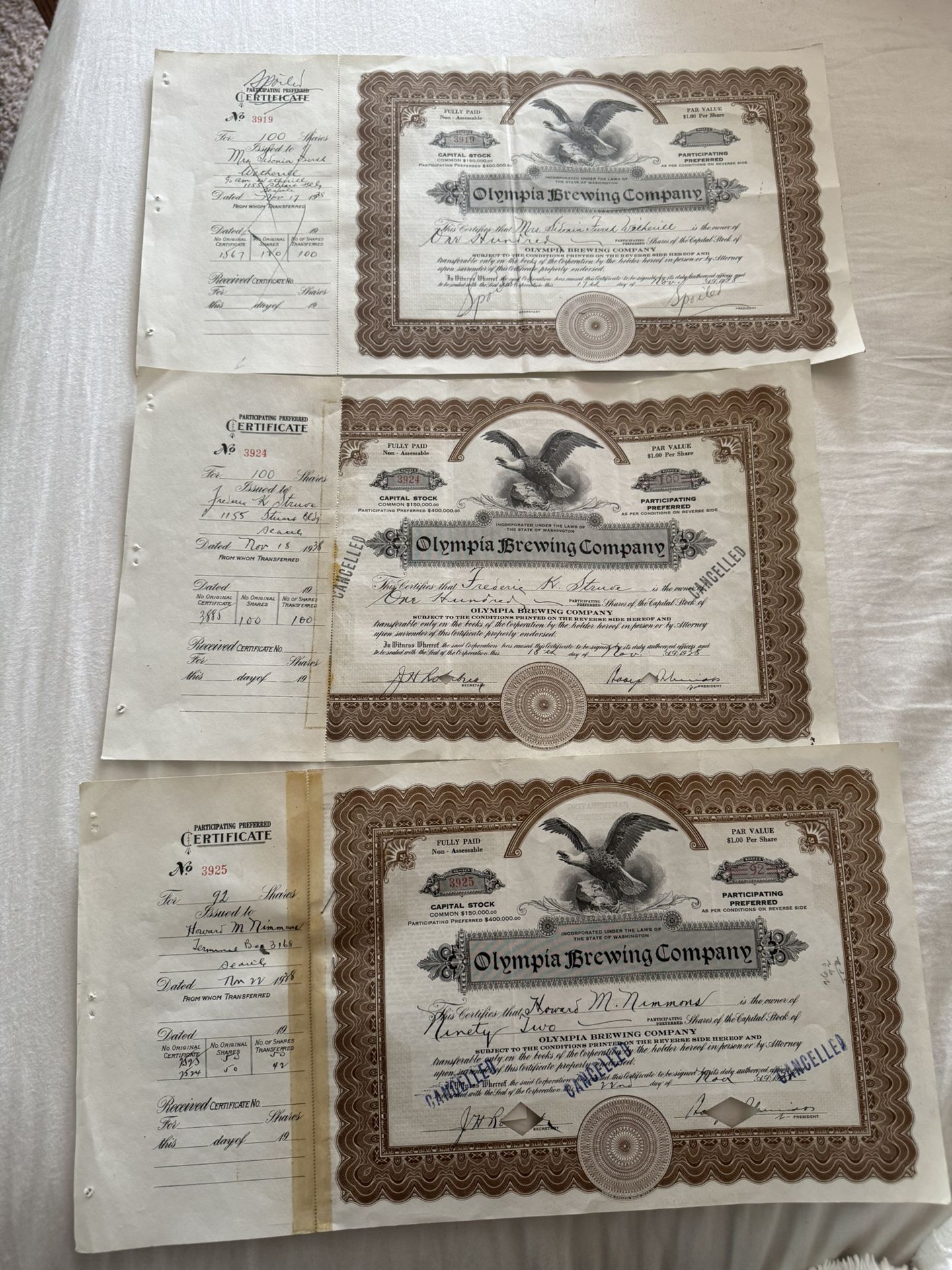 Vintage Olympia Beer Stock Certificates