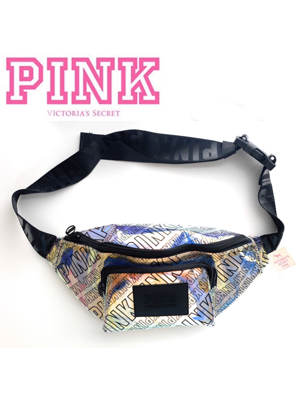 New Pink-Victoria-Secret Fanny Pack Belt Waist Bag Studded Logo PINK Iridescent
