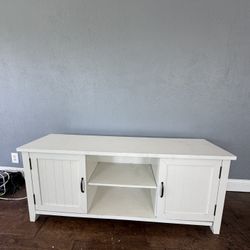 White Wood Table  w/side cabinets and lower shelf