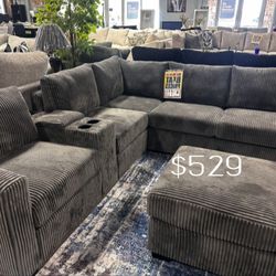 Sectional Sofa With Ottoman Grey, Dark Gray, & Black Corduroy 