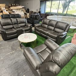 Recliner 3Pcs Sofa Set in Grey / Juego de sofás reclinables de 3 piezas en gris